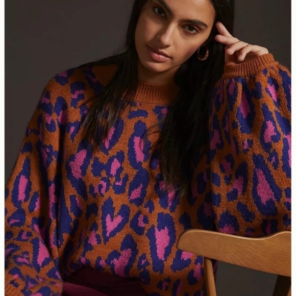 *SOLD* Farm Rio Leopard Pop Caramel Sweater Balloon Sleeves Wool Blend, Medium - Picture 15 of 15